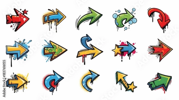 Obraz A collection of fifteen brightly colored stylized arrows with graffiti and dripping paint effects