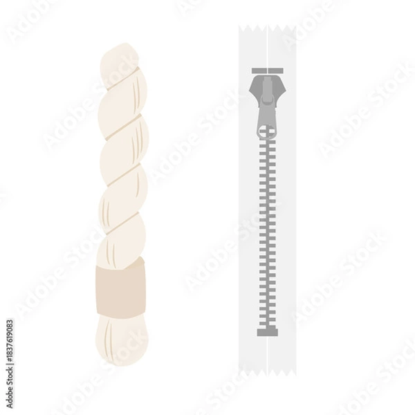 Obraz 裁縫用のしつけ糸とファスナーのイラストセット