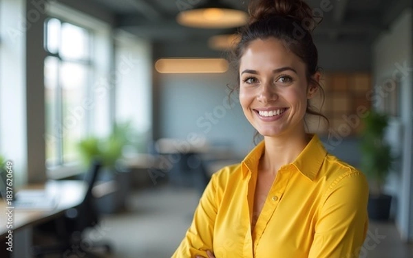 Fototapeta Attractive woman in her thirties, wearing a yellow shirt, standing in an office space with a blurred background and smiling, showing a professional appearance. High quality