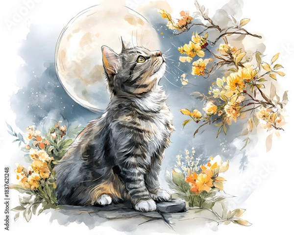 Fototapeta dreamy moon cat silhouette wallpaper A cat gazing at the moon amidst flowers. aesthetic night sky feline art minimal celestial cat phone background