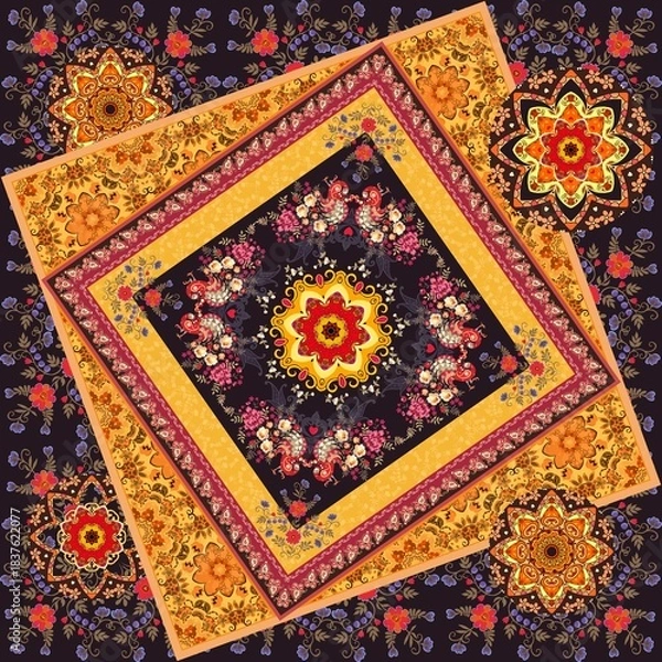Obraz Unusual pattern for fabric, shawl, carpet with mandalas, complex floral ornament, paisley, peacocks, bouquets of roses. Indian, gypsy motifs.