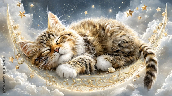 Fototapeta dreamy moon cat silhouette wallpaper Dreamy kitten sleeping on a crescent moon. aesthetic night sky feline art minimal celestial cat phone background