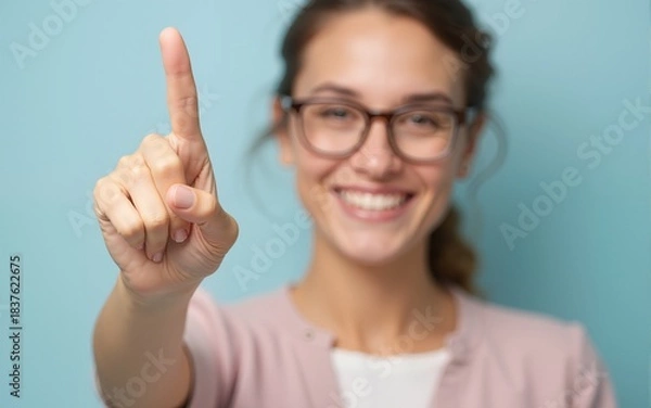 Fototapeta Smiling woman pointing with finger at copy space. High quality