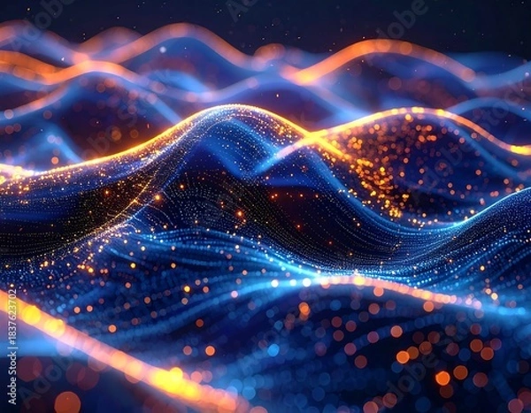 Fototapeta Abstract digital waves glow with blue and orange particles