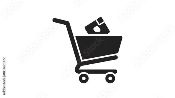 Fototapeta Black silhouette of a shopping cart with a package inside, representing online shopping or retail business.