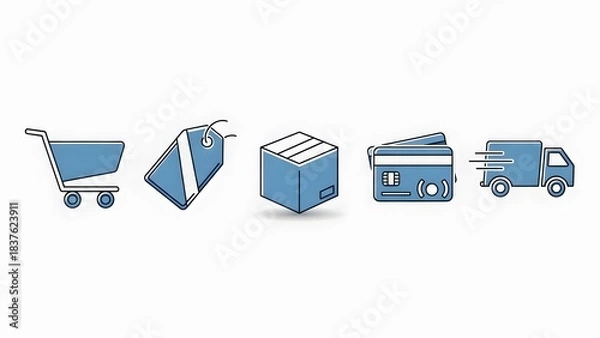 Fototapeta Set of blue e-commerce and shopping icons including cart, price tag, package, credit card, and delivery truck.