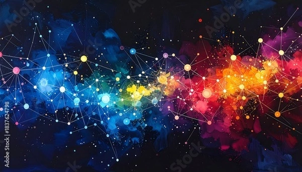 Fototapeta Abstract watercolor artwork with connected dots against a dark background