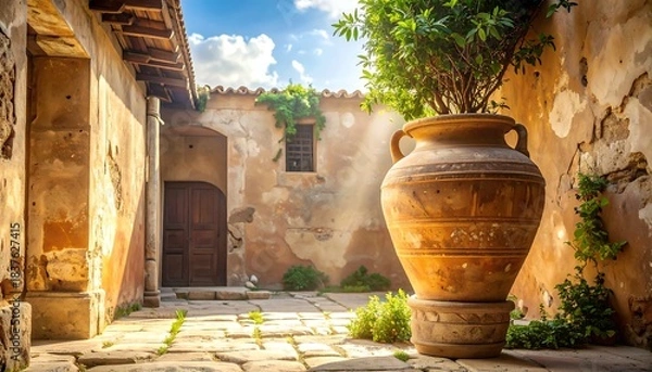 Fototapeta Ancient courtyard scene with large pottery and sunbeams