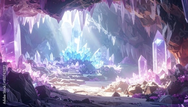 Fototapeta Animated interior of a crystal cave with glowing light