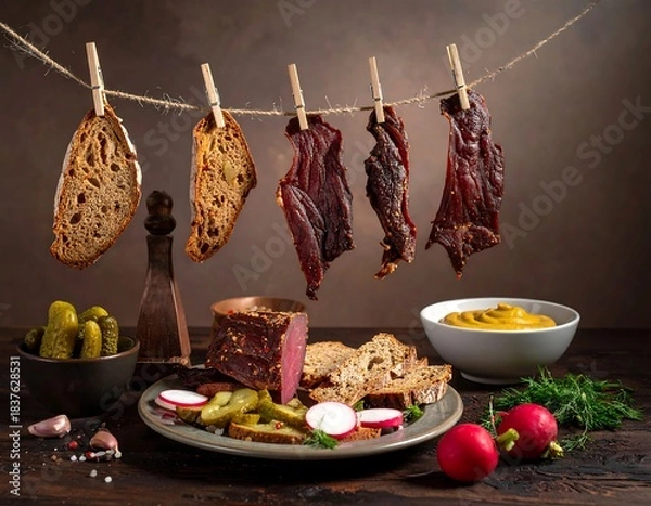 Fototapeta Assortment of food hanging & displayed on a rustic wooden table