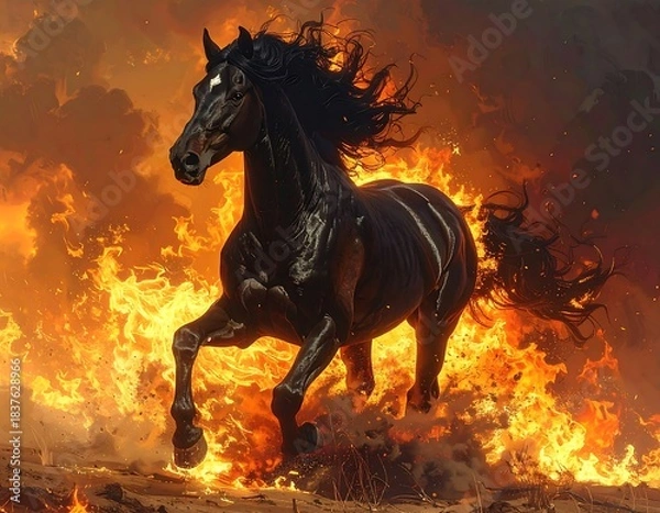 Fototapeta Black horse running through a field of fire, with a black mane