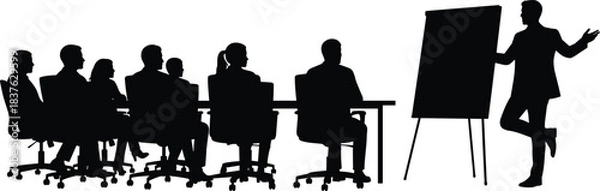 Fototapeta Business meeting, corporate training, team discussion, seminar presentation, office collaboration, classroom lecture, professional workshop, leadership coaching, cad drawing flat vector illustration