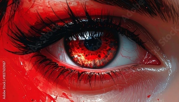 Fototapeta Close-up of a captivating, fiery eye with intricate details and lashes