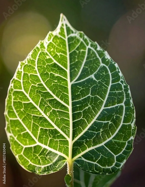 Fototapeta Close-up of a single green leaf with white veining