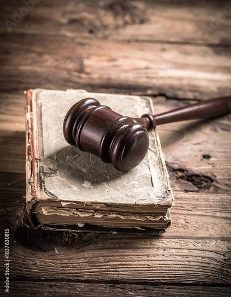 Fototapeta Close-up of a wooden gavel resting on an antique book, top view