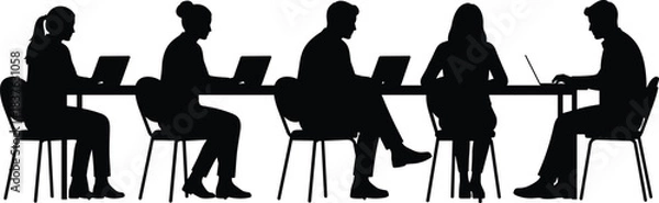 Fototapeta Office teamwork, laptop collaboration, digital workspace, group productivity, tech meeting, seated professionals, modern work culture, cad drawing flat vector illustration