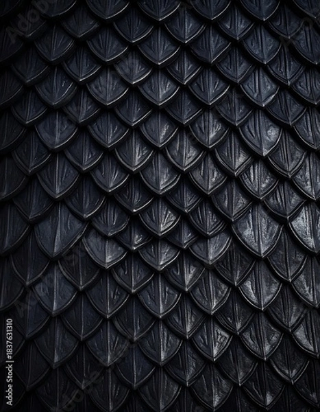 Fototapeta Close-up of dark, overlapping, stylized metallic scales