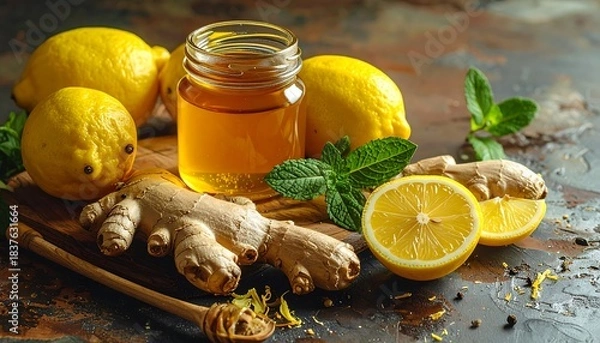 Fototapeta Close-up of lemons, ginger, honey, and mint leaves, rustic setting