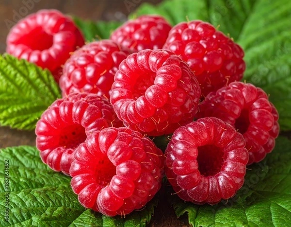 Fototapeta Close-up of ripe red berries, nestled on green leafy foliage
