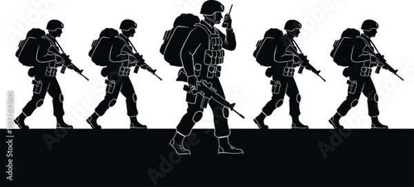 Fototapeta Soldiers on patrol, tactical formation, military gear, radio communication, combat readiness, armed unit, cad drawing flat vector illustration