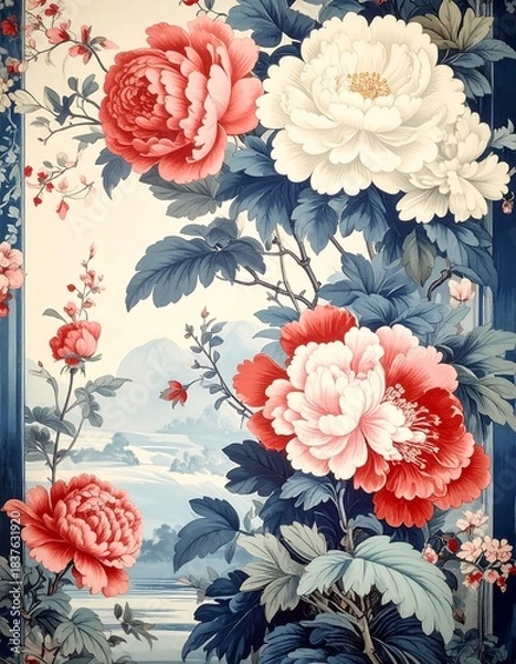 Fototapeta Close-up of lush, colorful peonies and foliage