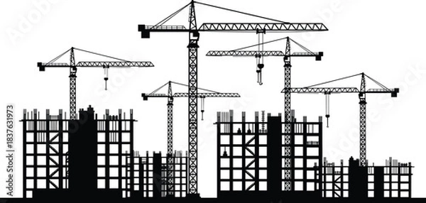 Fototapeta Urban construction site with multiple tower cranes and high-rise buildings under development, industrial skyline silhouette, cad drawing flat vector illustration