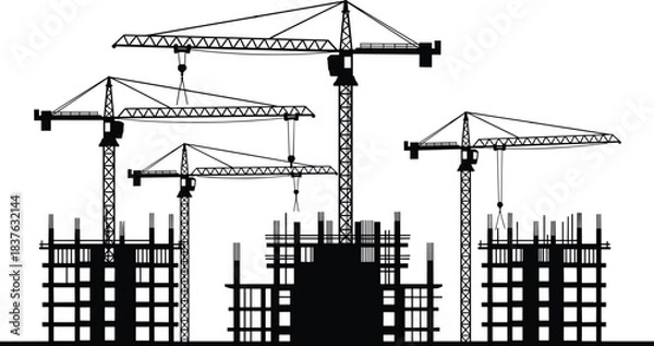 Fototapeta Urban construction site, tower cranes, high-rise buildings, structural framework, silhouette style, engineering, development, skyline, cad drawing flat vector illustration