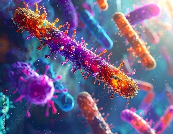 Fototapeta Close-up view of bacteria, vibrant colors, microscopic world