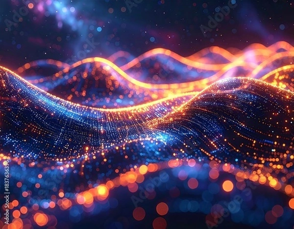 Fototapeta Digital waves of flowing dots in a vibrant, glowing abstract