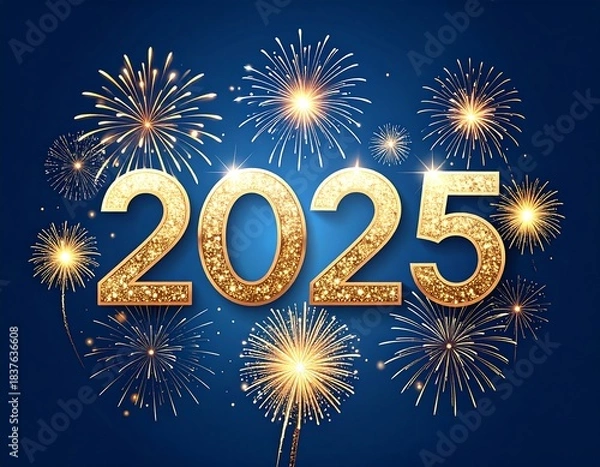 Fototapeta Digitally created celebration with fireworks and sparkling golden numbers