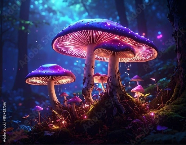 Fototapeta Enchanting bioluminescent mushrooms glow brightly in a magical forest