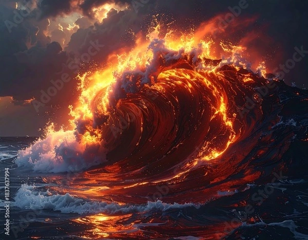 Fototapeta Fiery wave crashes dramatically against a dark ocean, under a cloudy sky