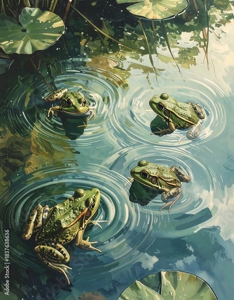 Fototapeta Four green frogs in a pond with lily pads and ripples