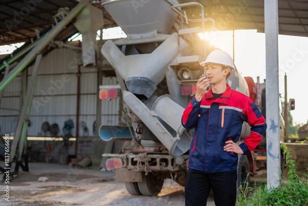 Fototapeta Asian chief engineer standing in cement mixing plant. Background is industrial factory with big cement mixer truck. Material production process and quality control.