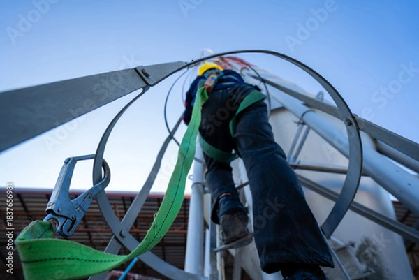 Fototapeta A worker or engineer, wearing essential safety equipment including a harness and a yellow hard hat, is captured climbing a fixed vertical ladder on the side of a large industrial silo.