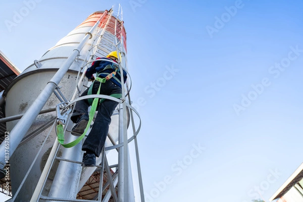 Fototapeta A worker or engineer, wearing essential safety equipment including a harness and a yellow hard hat, is captured climbing a fixed vertical ladder on the side of a large industrial silo.