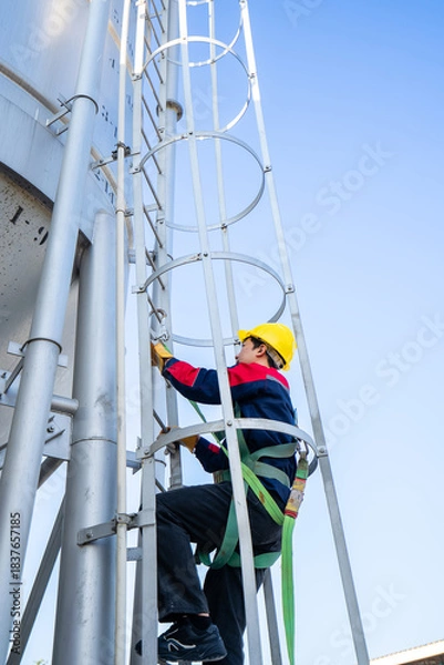Fototapeta A worker or engineer, wearing essential safety equipment including a harness and a yellow hard hat, is captured climbing a fixed vertical ladder on the side of a large industrial silo.