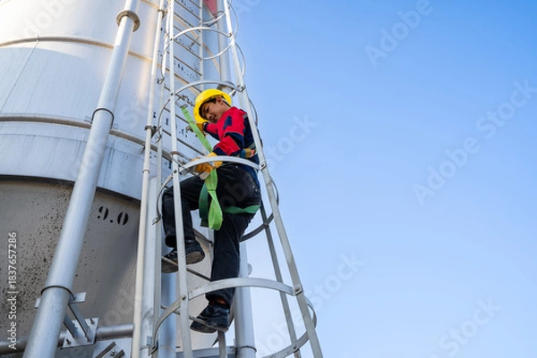 Fototapeta A worker or engineer, wearing essential safety equipment including a harness and a yellow hard hat, is captured climbing a fixed vertical ladder on the side of a large industrial silo.