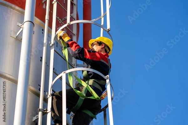 Fototapeta A worker or engineer, wearing essential safety equipment including a harness and a yellow hard hat, is captured climbing a fixed vertical ladder on the side of a large industrial silo.