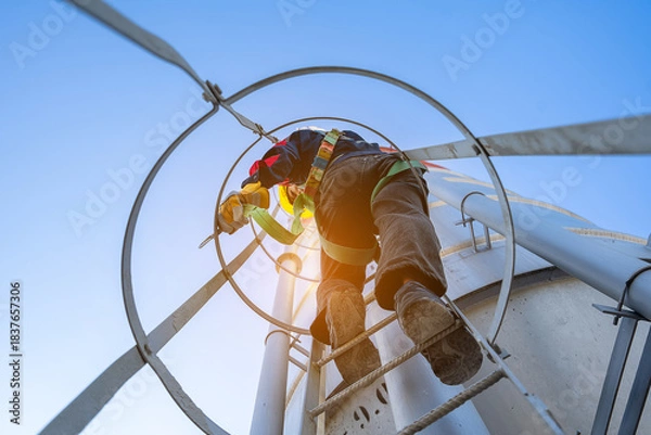 Fototapeta A worker or engineer, wearing essential safety equipment including a harness and a yellow hard hat, is captured climbing a fixed vertical ladder on the side of a large industrial silo.
