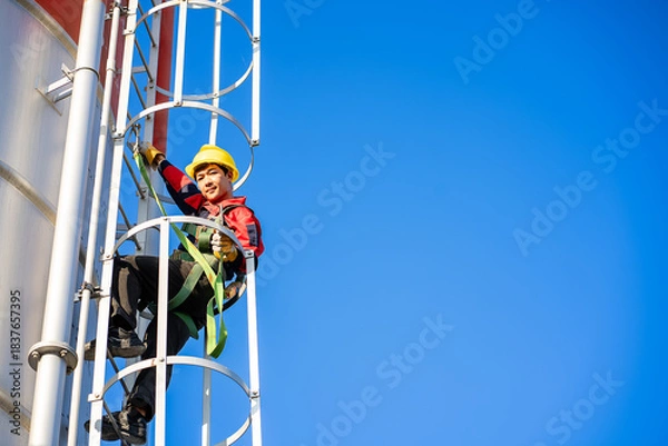 Fototapeta A worker or engineer, wearing essential safety equipment including a harness and a yellow hard hat, is captured climbing a fixed vertical ladder on the side of a large industrial silo.