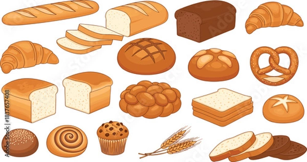 Fototapeta Bread and pastry silhouette icon set, bakery food and wheat product collection, cad drawing flat vector illustration