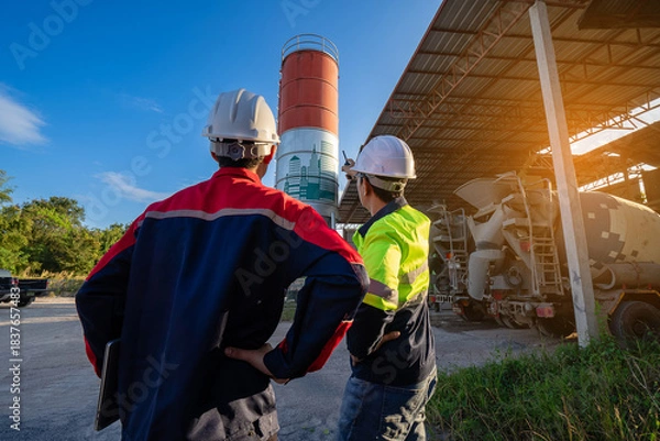 Fototapeta Two construction engineers wearing hard hats stand looking at a large cement silo in an industrial yard, pointing at the structure and discussing plans with colleagues.