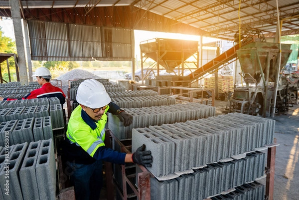 Fototapeta A construction workers wearing protective clothing carefully inspect stacking hollow concrete blocks (concrete blocks) in an indoor factory or construction material storage area.