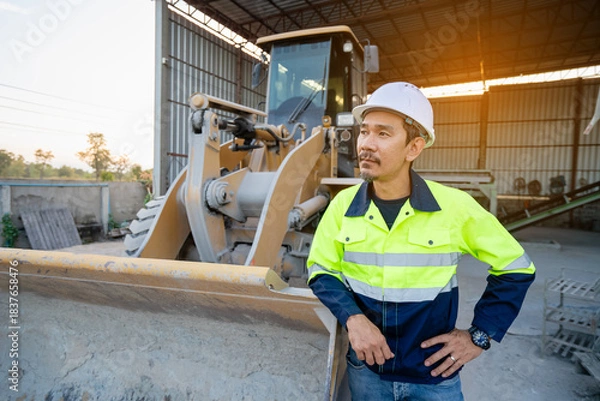 Fototapeta A Professional Asian site manager stands confidently with hands on hips in front of a large yellow wheel loader or heavy machinery in a material handling shed.