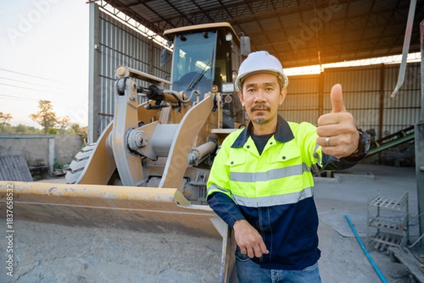 Fototapeta A Professional Asian site manager stands confidently with hands on hips in front of a large yellow wheel loader or heavy machinery in a material handling shed.