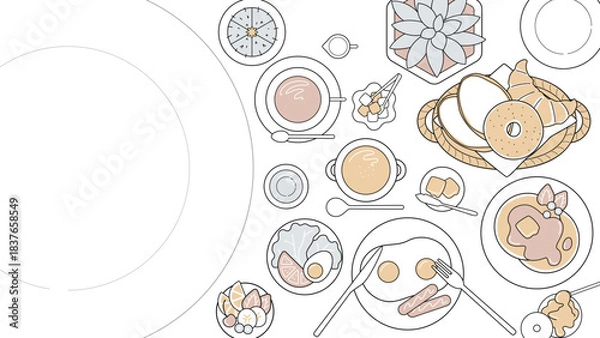 Fototapeta 大人ミニマルの朝食カフェ俯瞰レイアウト｜シンプル背景のベクターバナー素材