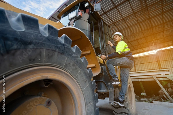 Fototapeta Asian male engineer wearing protective gear climbs into the passenger compartment of a large yellow wheel loader. Heavy machinery and workers working inside a material storage shed.