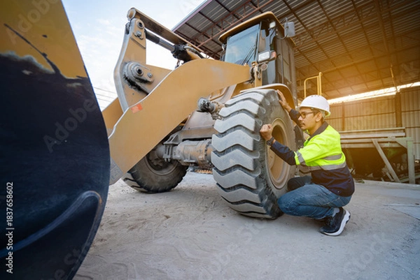 Fototapeta Asian male engineer wearing protective gear climbs into the passenger compartment of a large yellow wheel loader. Heavy machinery and workers working inside a material storage shed.