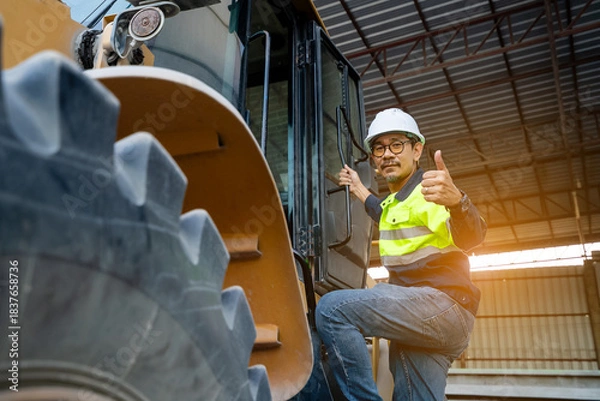 Fototapeta A Professional Asian site manager stands confidently with hands on hips in front of a large yellow wheel loader or heavy machinery in a material handling shed.